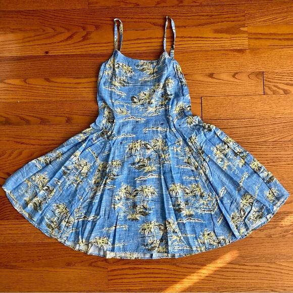 GAP A-Line Blue Smocked Back Tropical Print Blue Yellow Dress Women’s Size S - Picture 9 of 9